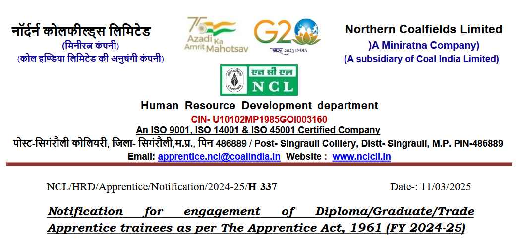 Northern Coalfields Limited (NCL) Apprentice Recruitment 2025: Apply Online featured image