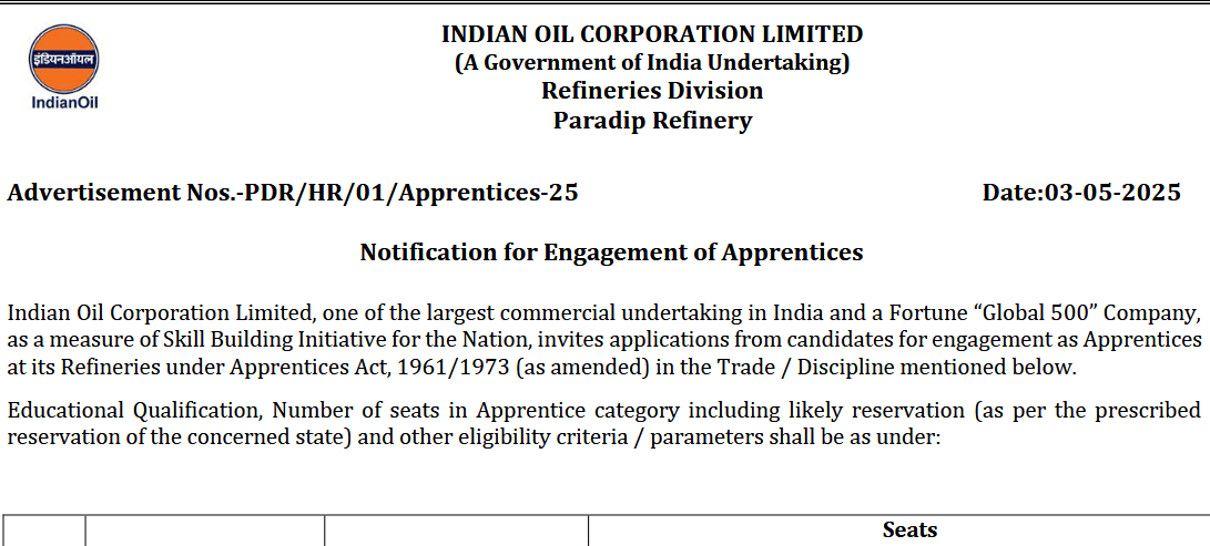 IOCL Paradip Refinery Apprenticeship 2025 Recruitment | 158 Vacancies | Apply Online Now!